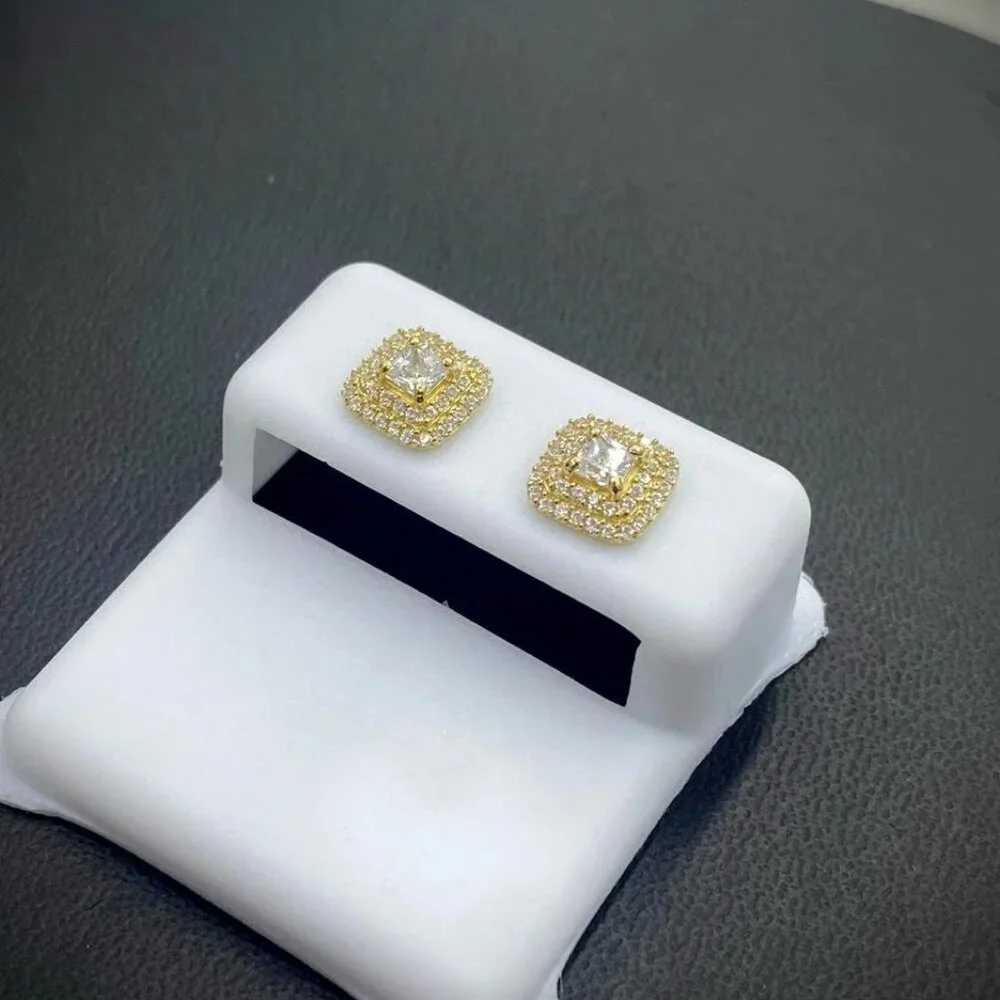Baby Womens  Square Stud Earrings 14K Real Gold Push Back Baguette 2 Row CZ - Picture 3 of 6